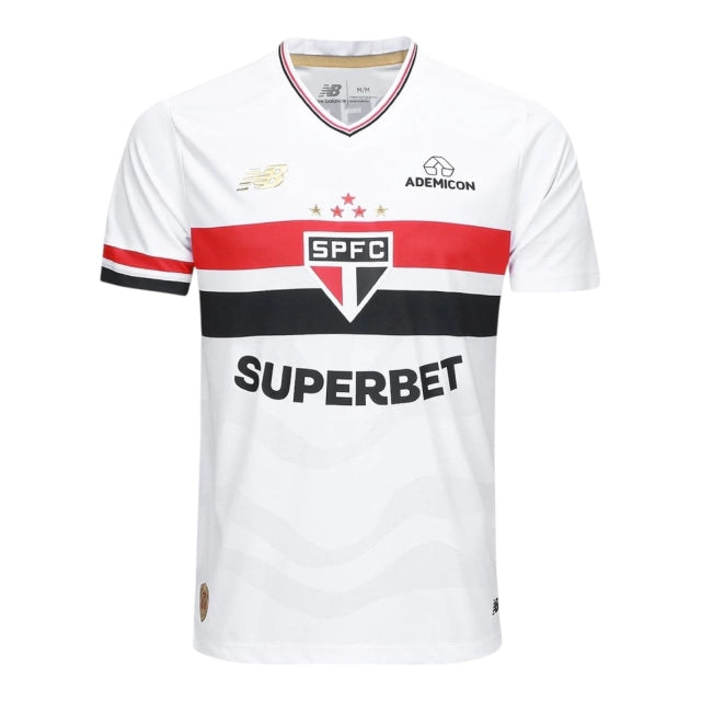 Camisa São Paulo I - casa - 25/26 - Torcedor New Balance Masculina - Branca com detalhes em vermelho e preto