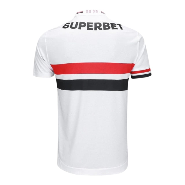 Camisa São Paulo I - casa - 25/26 - Torcedor New Balance Masculina - Branca com detalhes em vermelho e preto